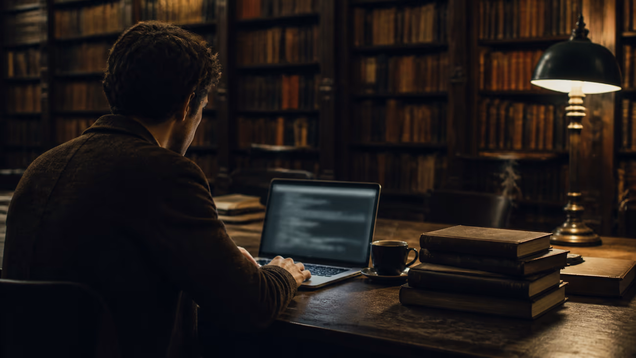 researcher studying deep web in library
