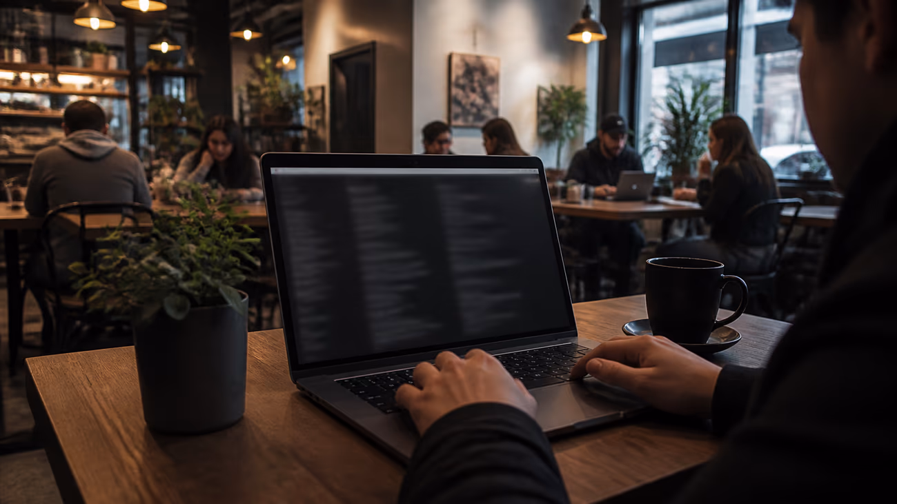 person researching dark web resources in a café