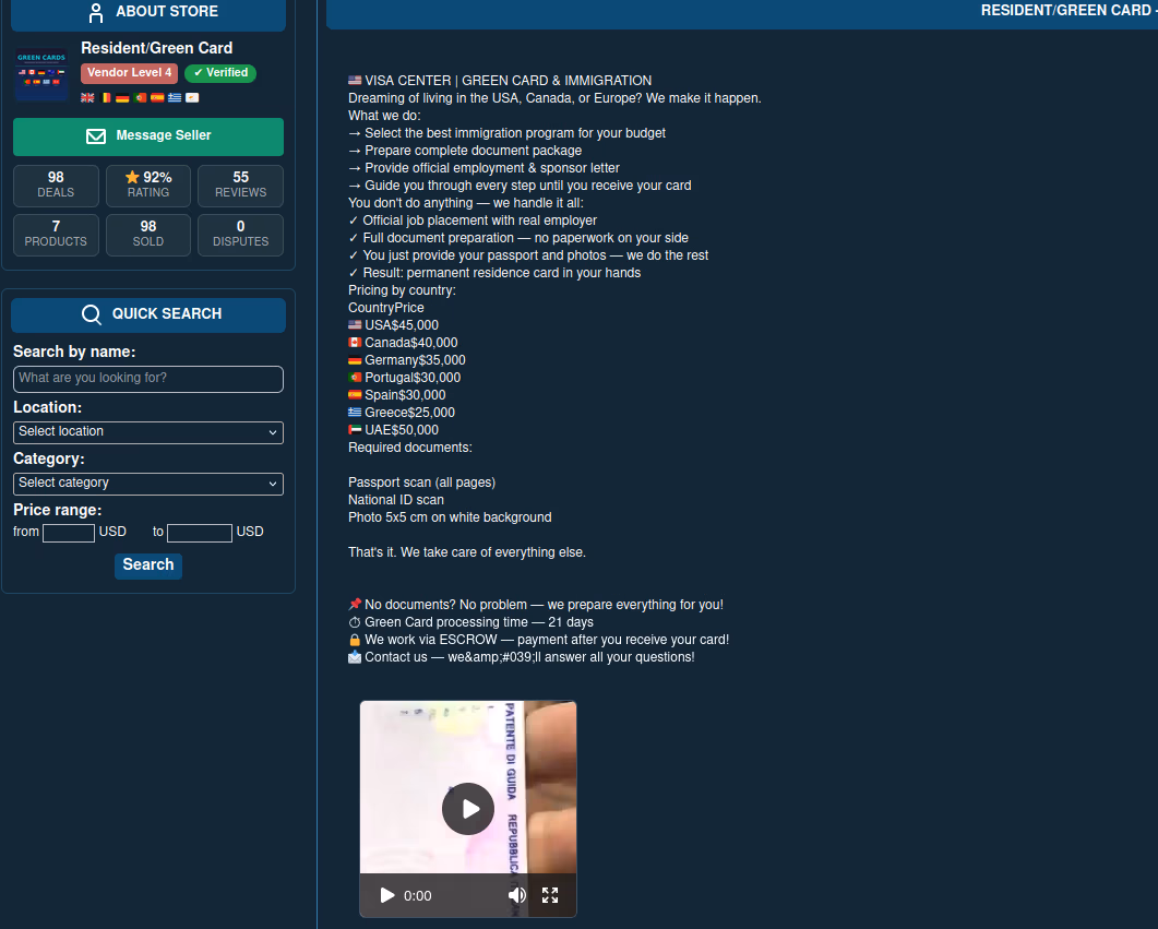 dark web passport service interface