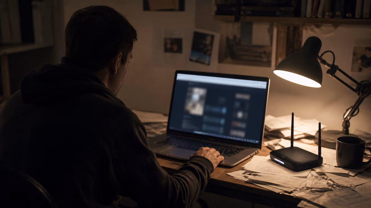 person using a laptop in a dimly lit room